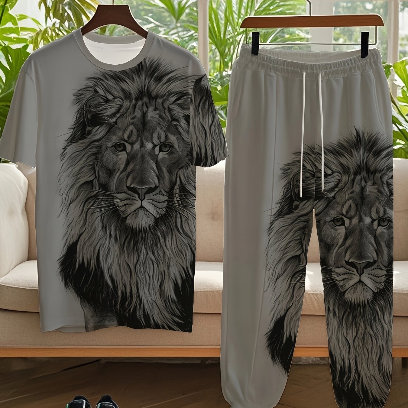 Men's Plus Size Lion Print Casual Outfit Short Sleeve T-Shirt and Sweatpants Set Summer Knit Fabric