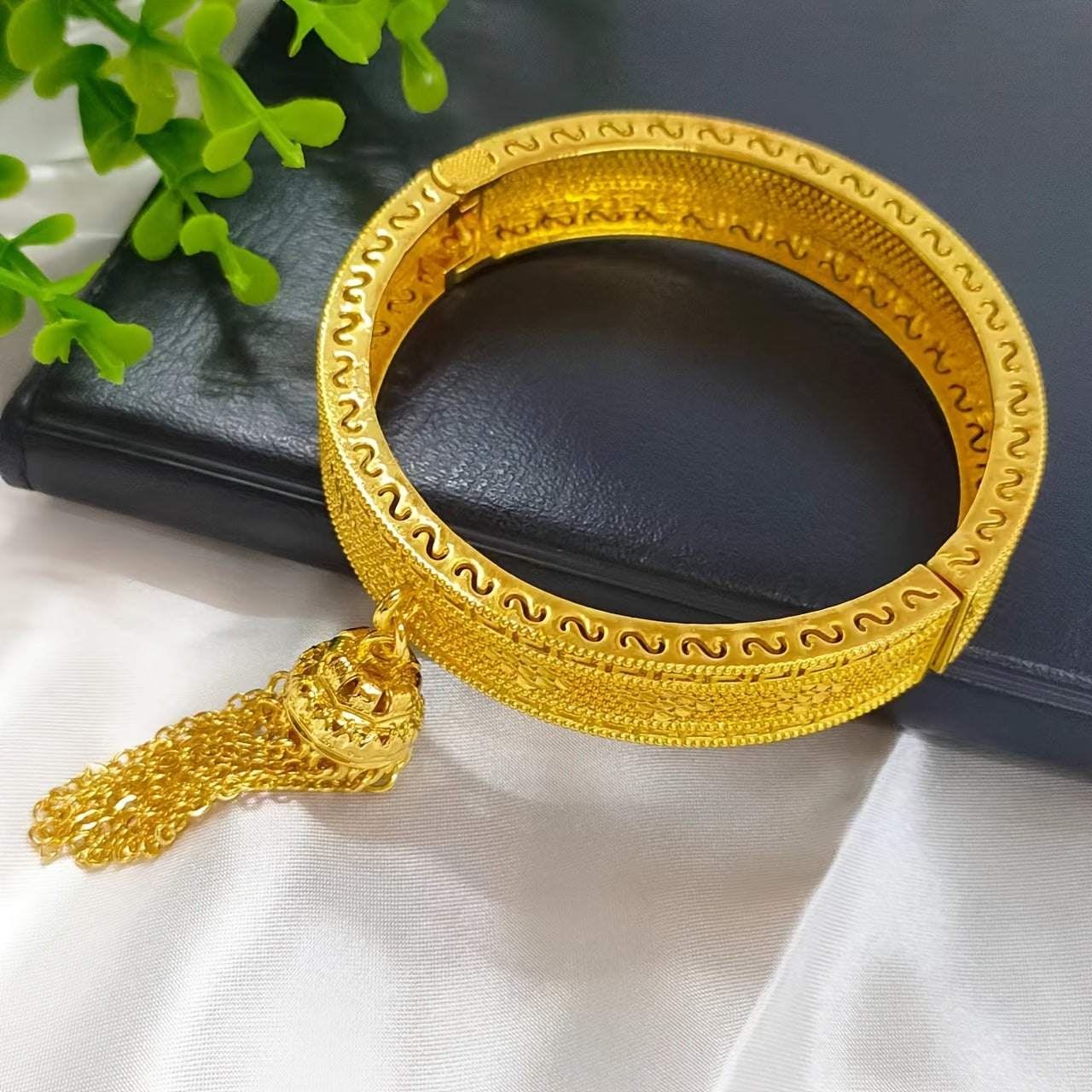 Gold-Plated Floral Bangle with Tassel Charm for Women Jewelry Wedding Festival