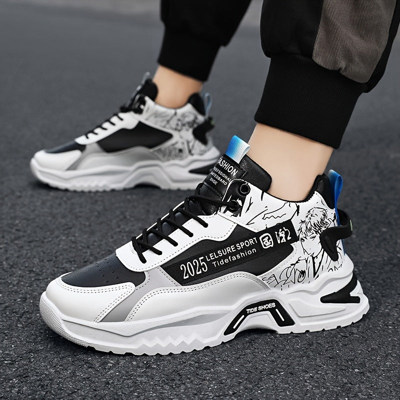 Men's Anime Pattern Lace-Up Non-Slip Platform Sneakers for Outdoor Activities