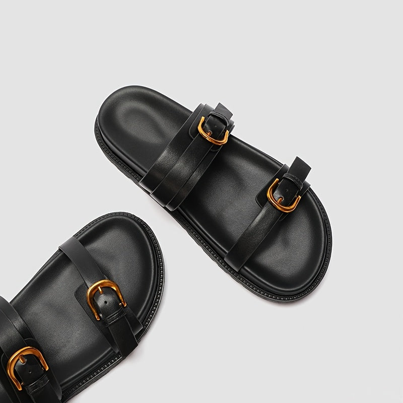 Women's Black Flat Sandals with Buckle Closure, Round Toe, Thick Sole