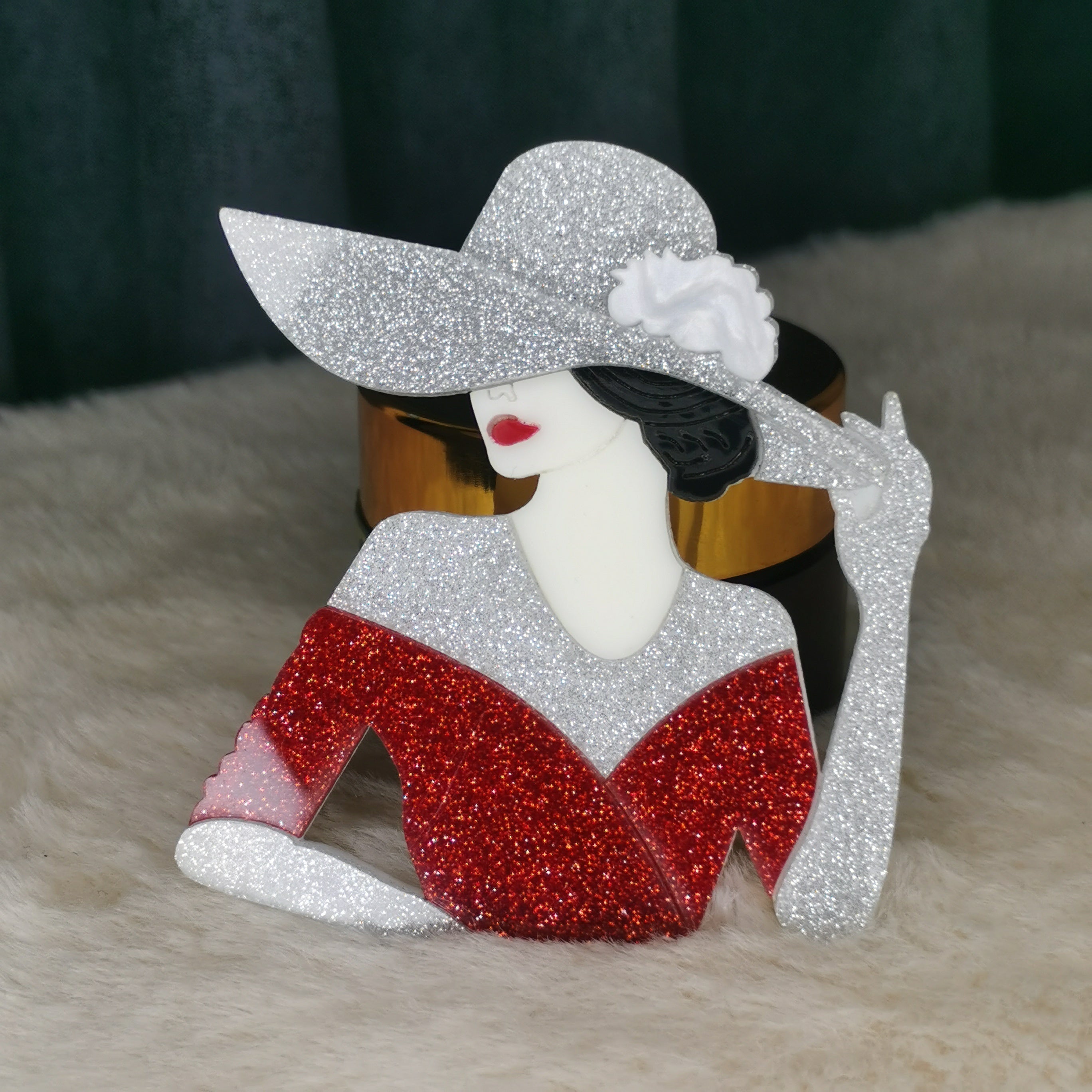 Vintage Fashion Ensemble with Silver Big Hat and Red Skirt