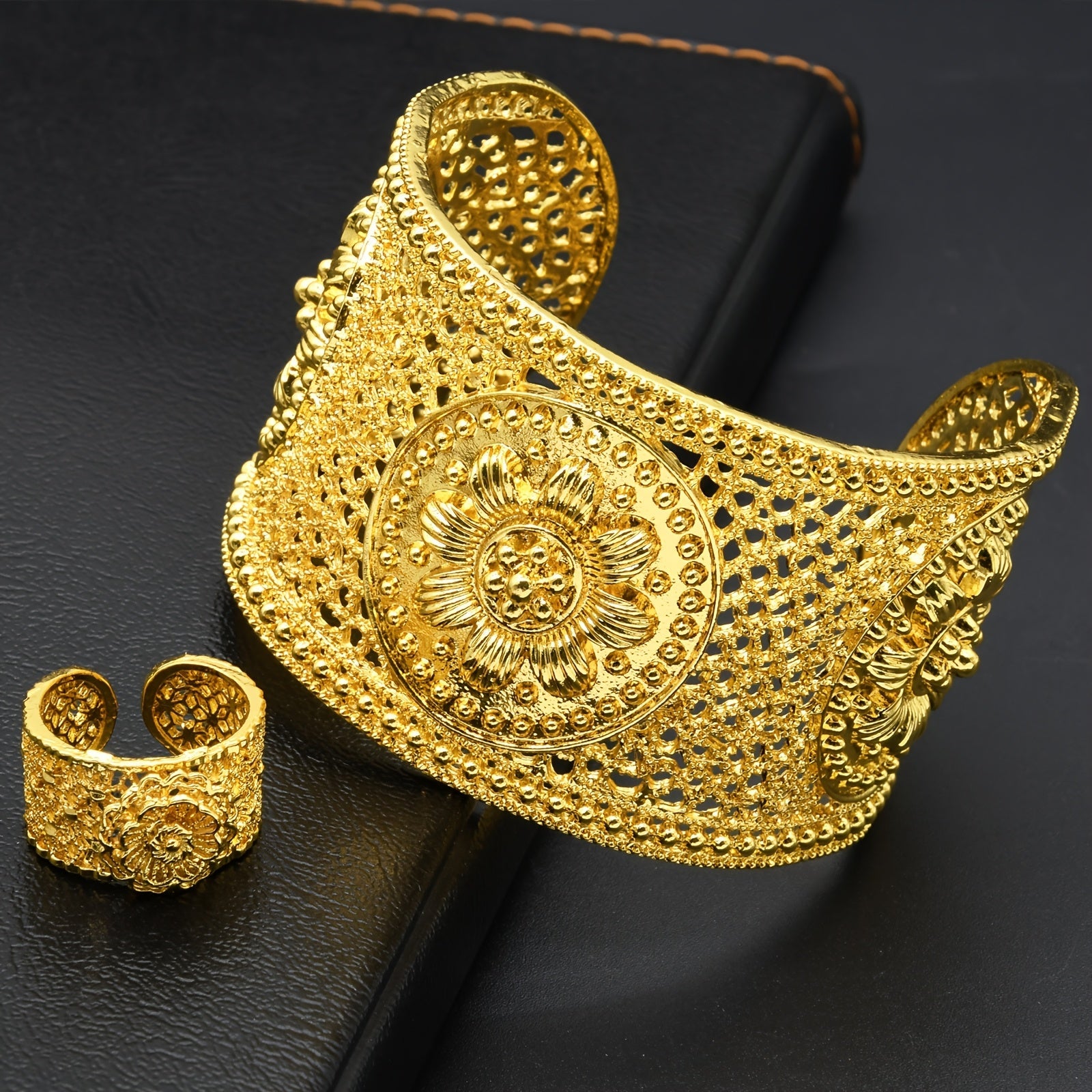 Gold Plated Zinc Alloy Jewelry Set with Adjustable Floral Bangle and Ring for Women