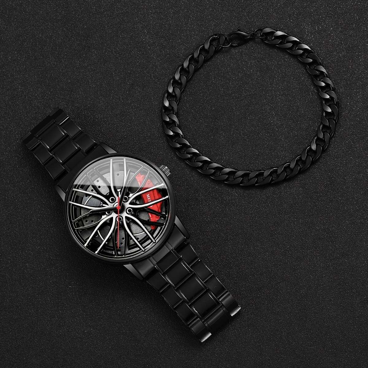 Conjunto de reloj de cuarzo para hombre con esfera grande, pulsera de cadena de aleación de zinc y batería no recargable