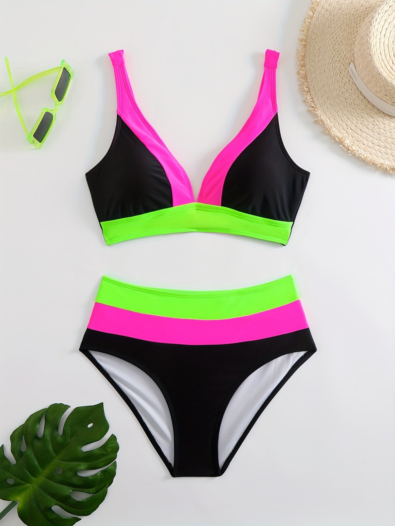 Women's V-Neck Color Block Bikini Swimsuit High Stretch Polyamide Elastane for Women