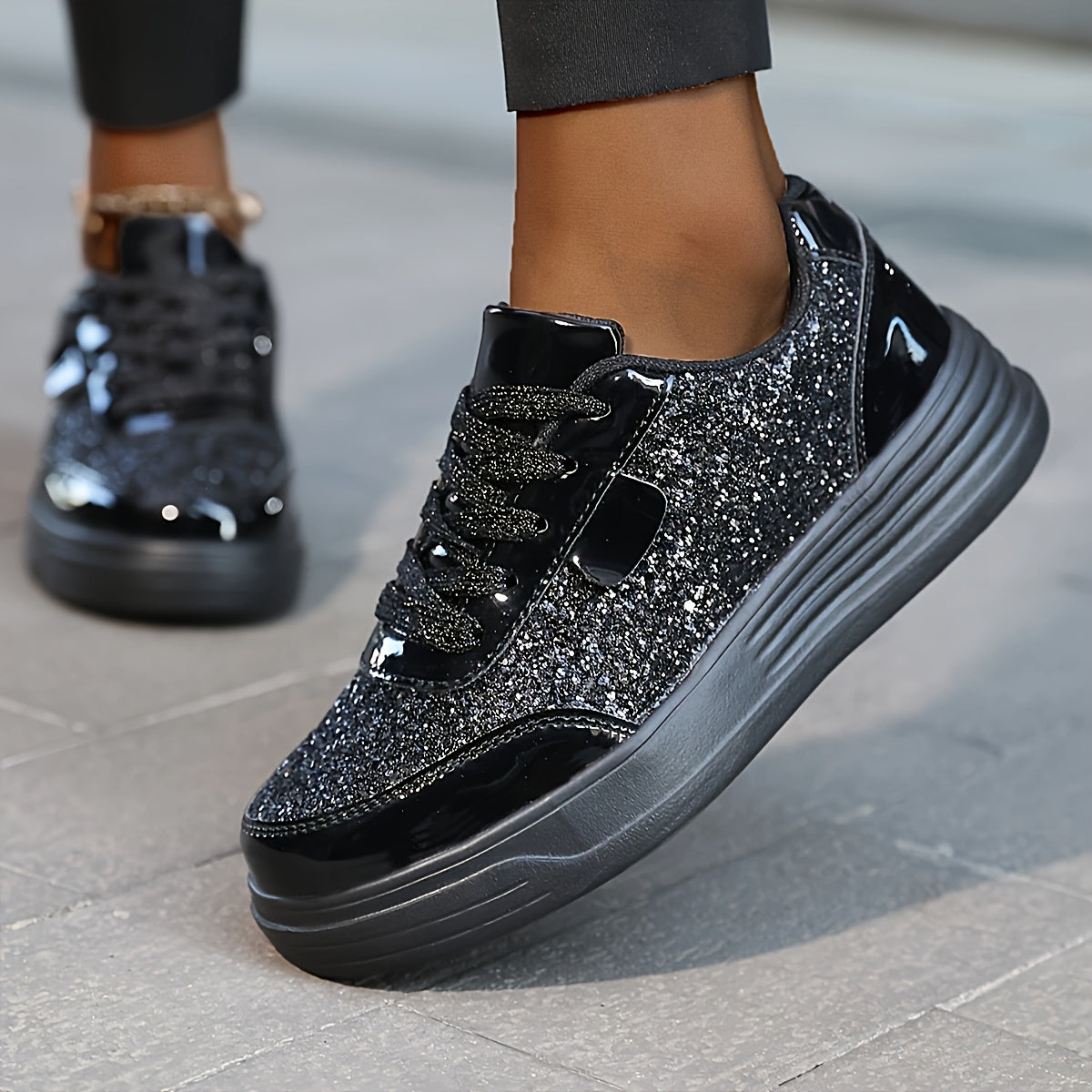 Zapatillas de glitter para mujer de caña baja con cordones, calzado deportivo casual