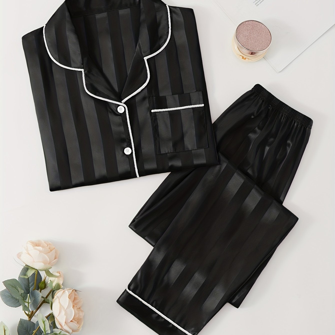 Women's Satin Pajama Set with Striped Long Sleeve Top and Lounge Pants Sleepwear Loungewear