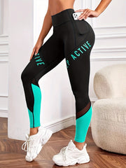 Women's High Waist Yoga Leggings with Pockets and Color-Block Letter Print