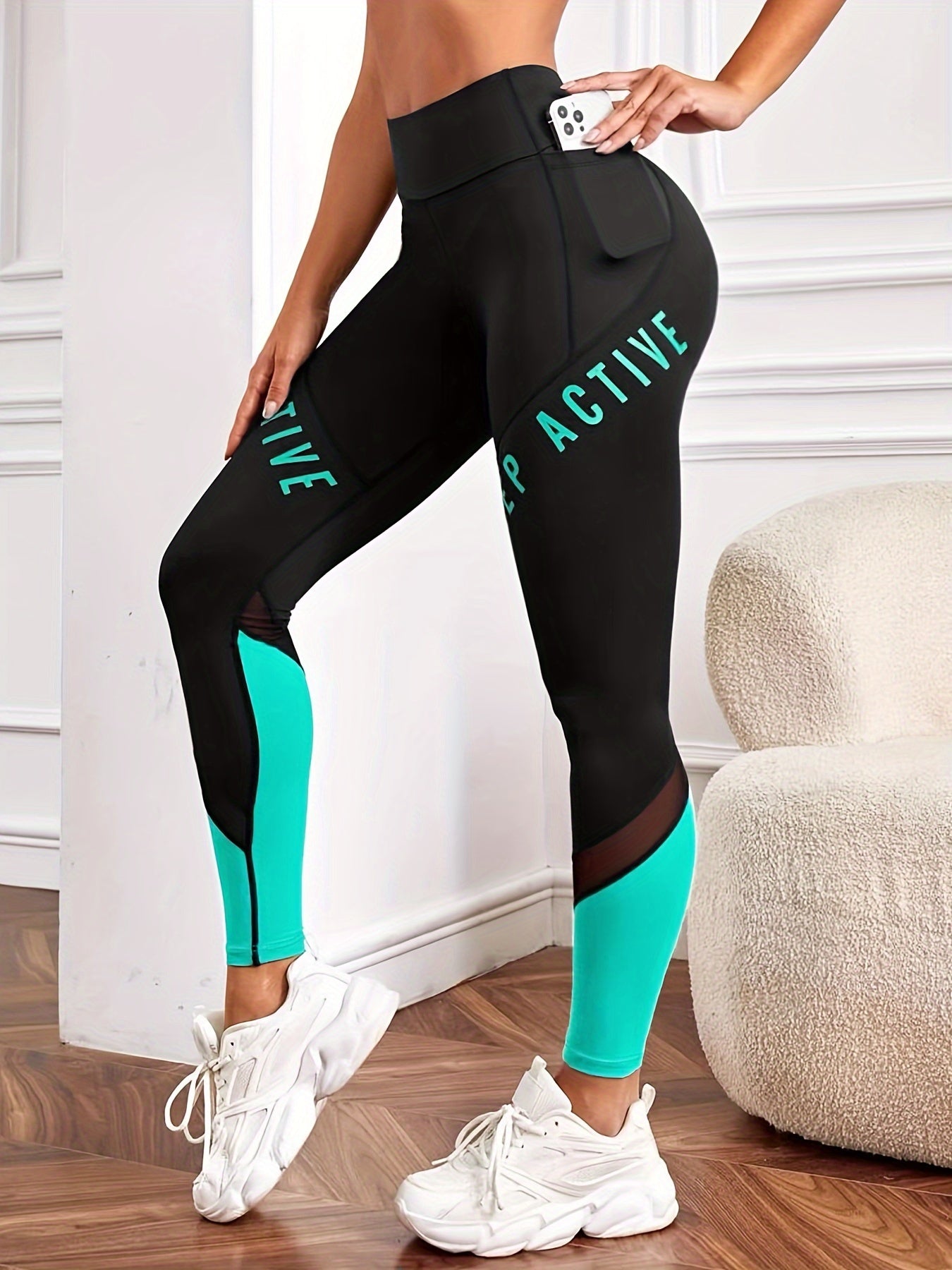 Women's High Waist Yoga Leggings with Pockets and Color-Block Letter Print