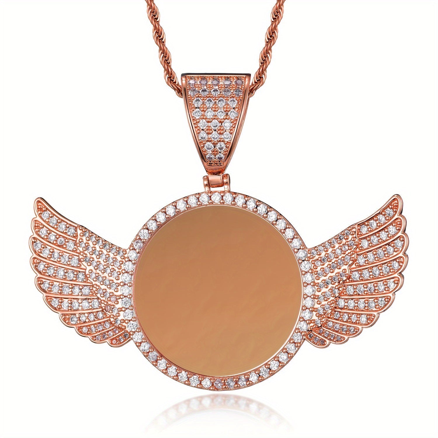 Collar con colgante de foto con baño de oro y zirconia para mujer y hombre con diseño de ala redonda