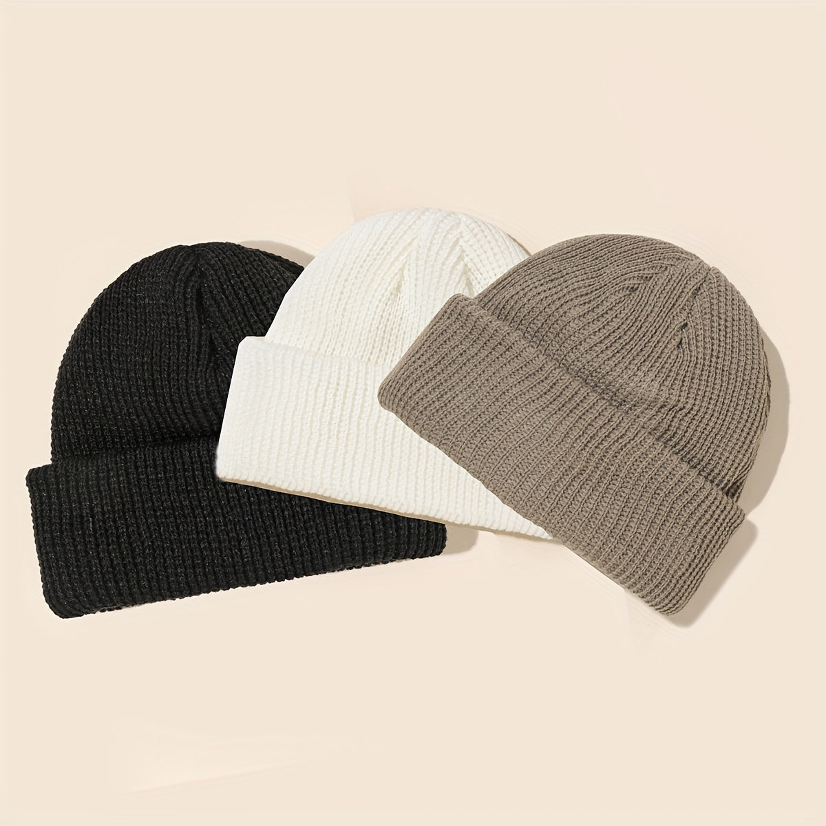 Conjunto de 3 gorros de punto con ribete de acrílico en negro, blanco y gris, unisex
