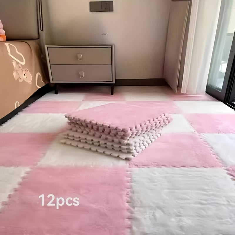 12pcs Square Flower Pattern Plush Area Rugs Set Washable Non-Slip Low Pile Polyester EVA Bedroom Living Room Decor