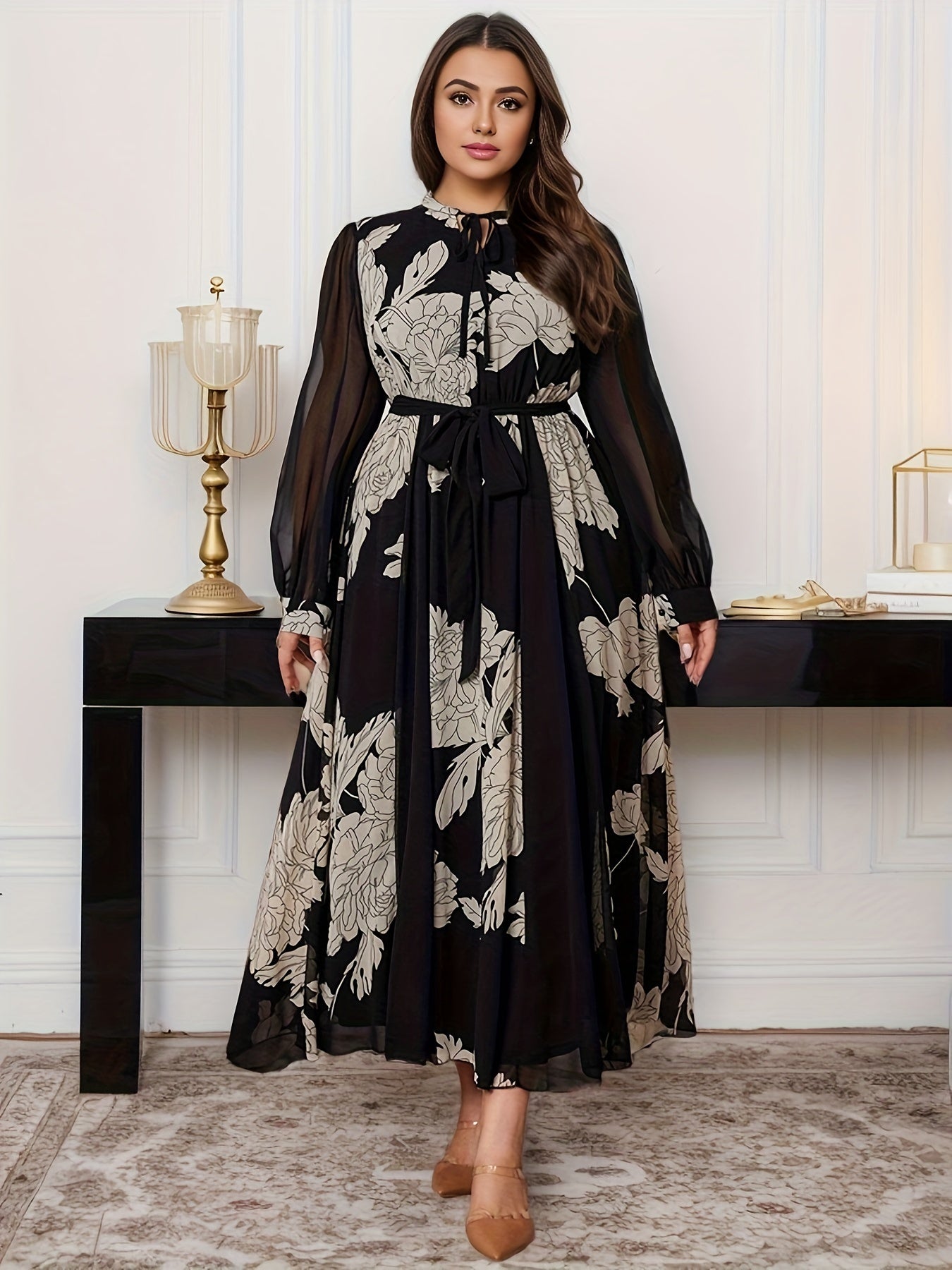 Plus Size Floral Chiffon Dress with Lantern Sleeves A-Line Midi for Spring Fall