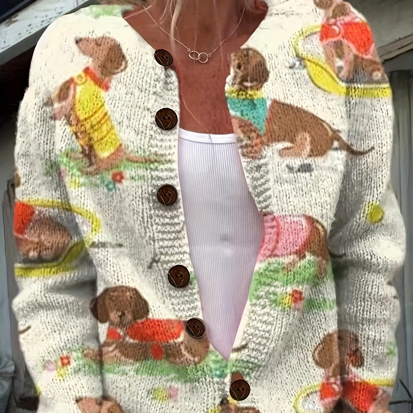 Suéter de punto casual para mujer con estampado 3D de perro salchicha