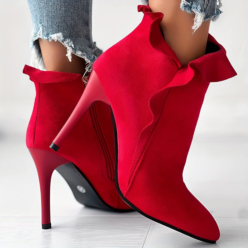 Women's Solid Color Stiletto Ankle Boots with Pointed Toe and Side Zipper