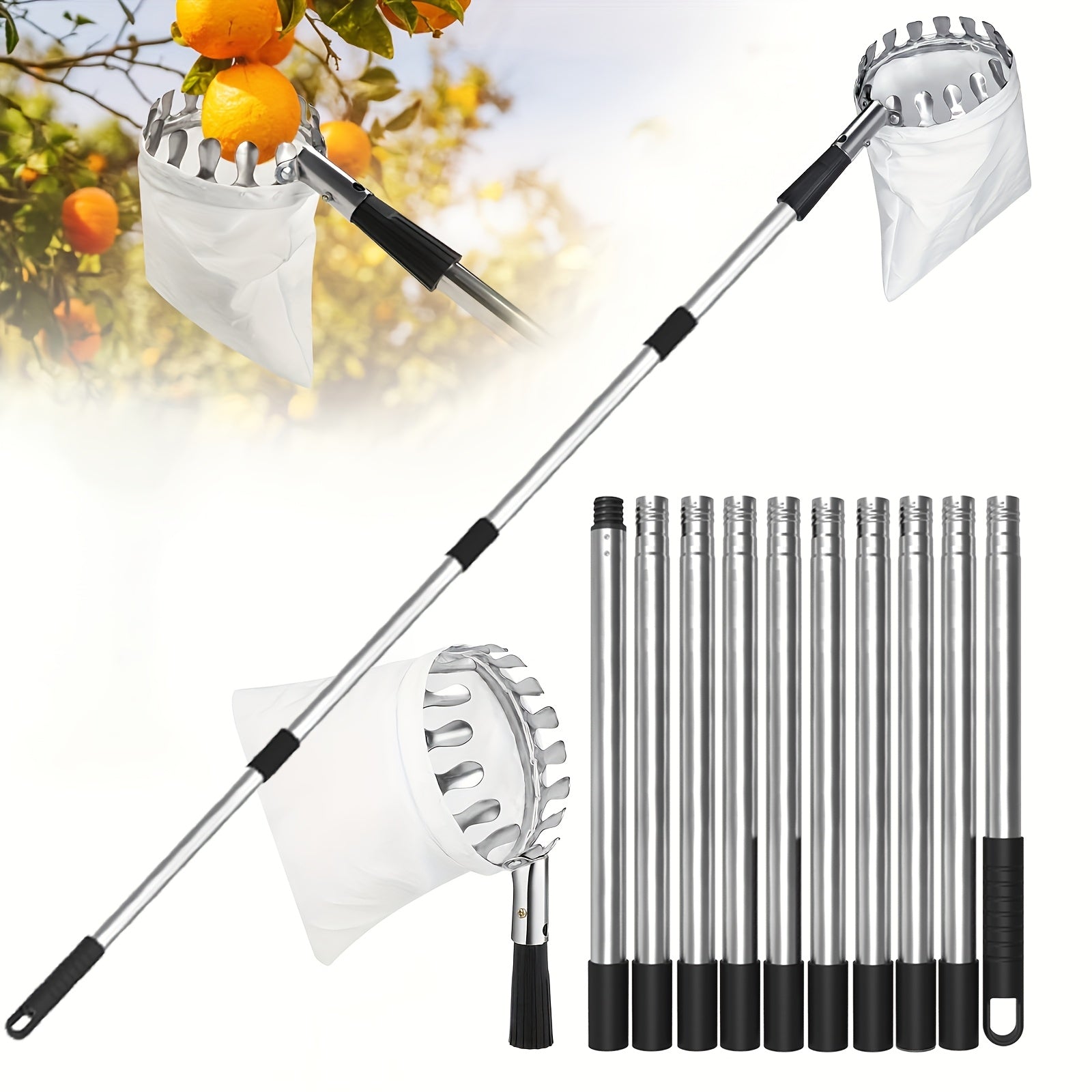 Adjustable 3.35m Stainless Steel Fruit Picker Pole with Large Non-Woven Basket
