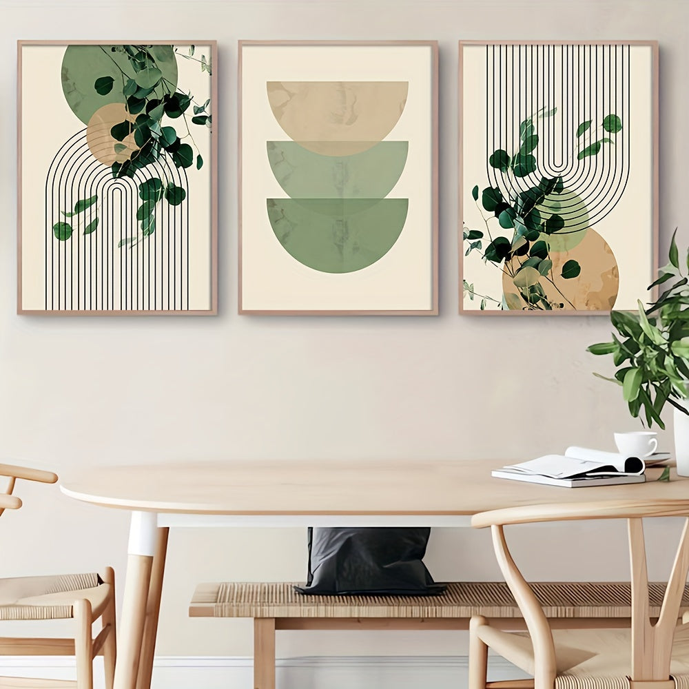Set of Three Eucalyptus Leaf and Geometric Wall Art Prints for Living Room Decor