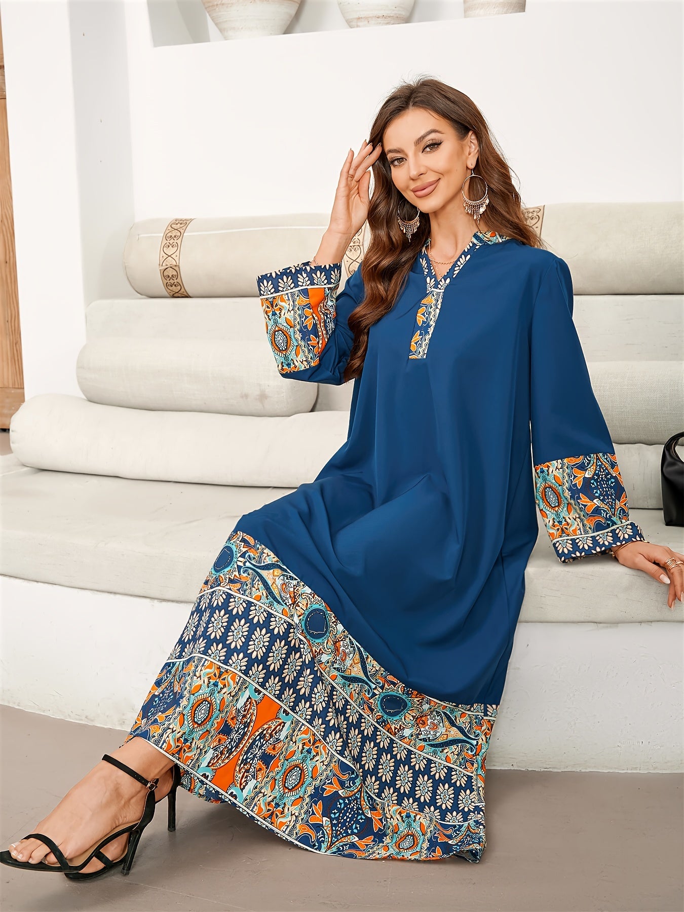 Women's Ethnic Print Color Block Kaftan Maxi Dress with Notched Neck and Long Sleeves