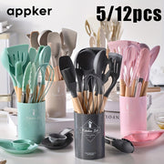 12-Piece Non-Stick Silicone Kitchen Utensil Set with Wooden Handles Heat-Resistant Durable Safe for Cooking and Baking