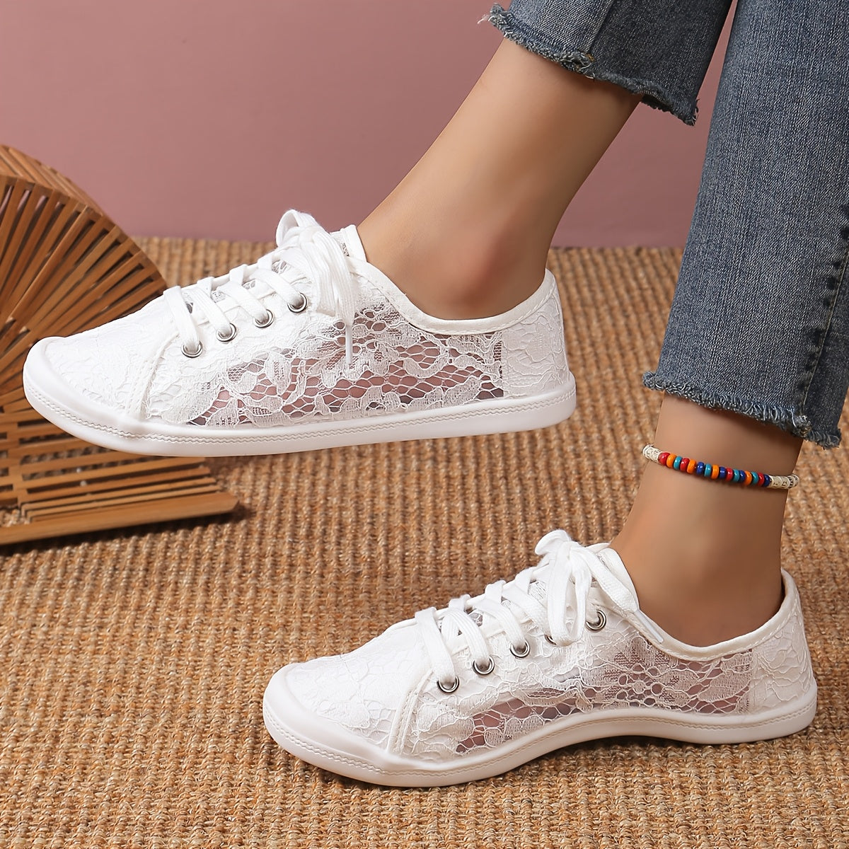Women's White Lace Casual Flat Sneakers Breathable Comfortable Trendy