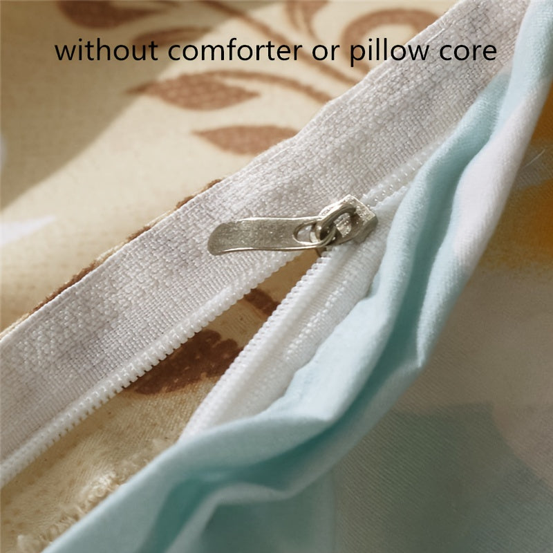 Floral Duvet Cover Set 4 Pieces Polyester Bed Bedding with Pillowcases and Flat Sheet