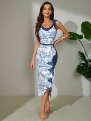 Women's V Neck Bow Tie Shoulder Straps One-Piece Swimsuit Set with Cover Up Skirt Summer