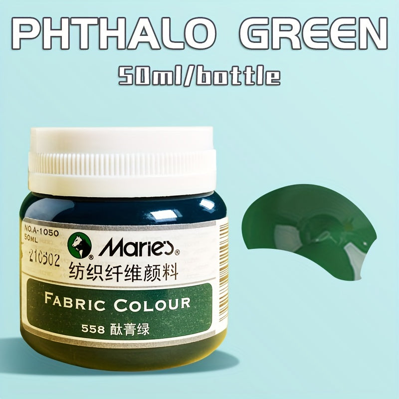 1 shisha Marie's Fabric Paint, 50ml - doimiy kiyim bo'yash uchun 12 rang mavjud. O'rta cho'tka kiritilgan. San'atkorlar va hunarmandlar uchun ideal. T-shirtlar, poyabzallar, jinsilar uchun mos.
