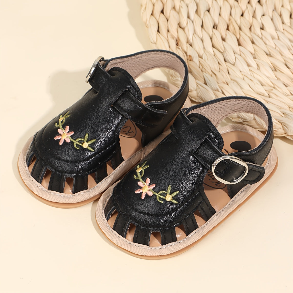 Kichkina qizlar uchun sandal open toe, gul naqshli tikilgan, yumshoq taglik, vint va halqali, kundalik yozgi kiyim uchun