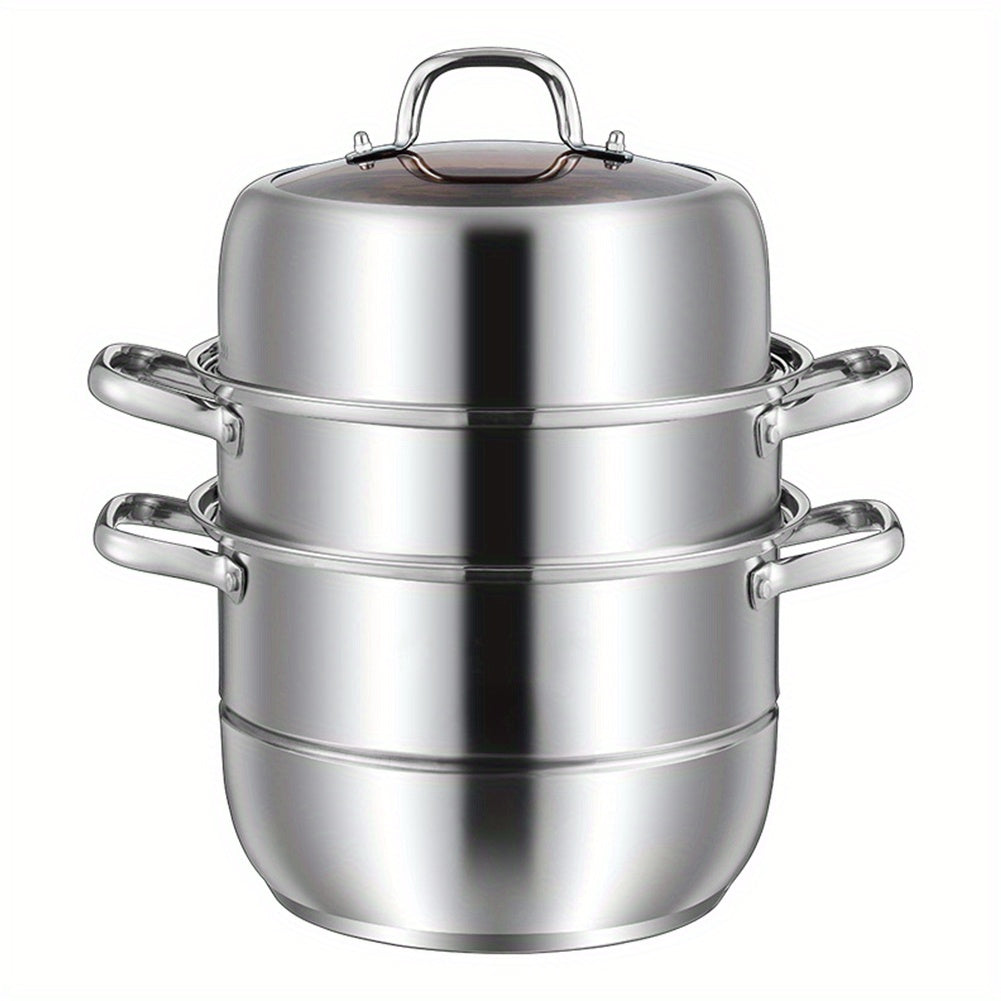 Three-Tier Stainless Steel Steamer Pot 27.94cm with Glass Lid for Vegetables and Dumplings