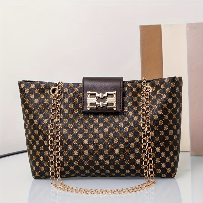 Retro Tote Bag for Women with Magnetic Closure Chevron Pattern Crossbody Shoulder Bag in Black White Light Brown