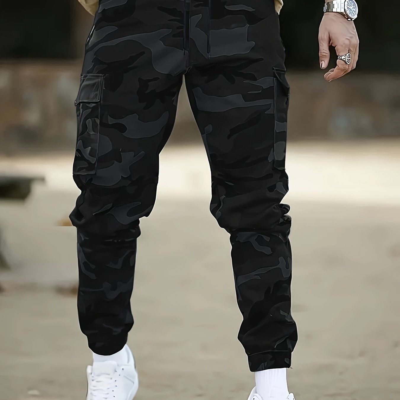 Men's Camo Cargo Pants Non-Stretch Polyester Drawstring Waist Flap Pockets Outdoor Work