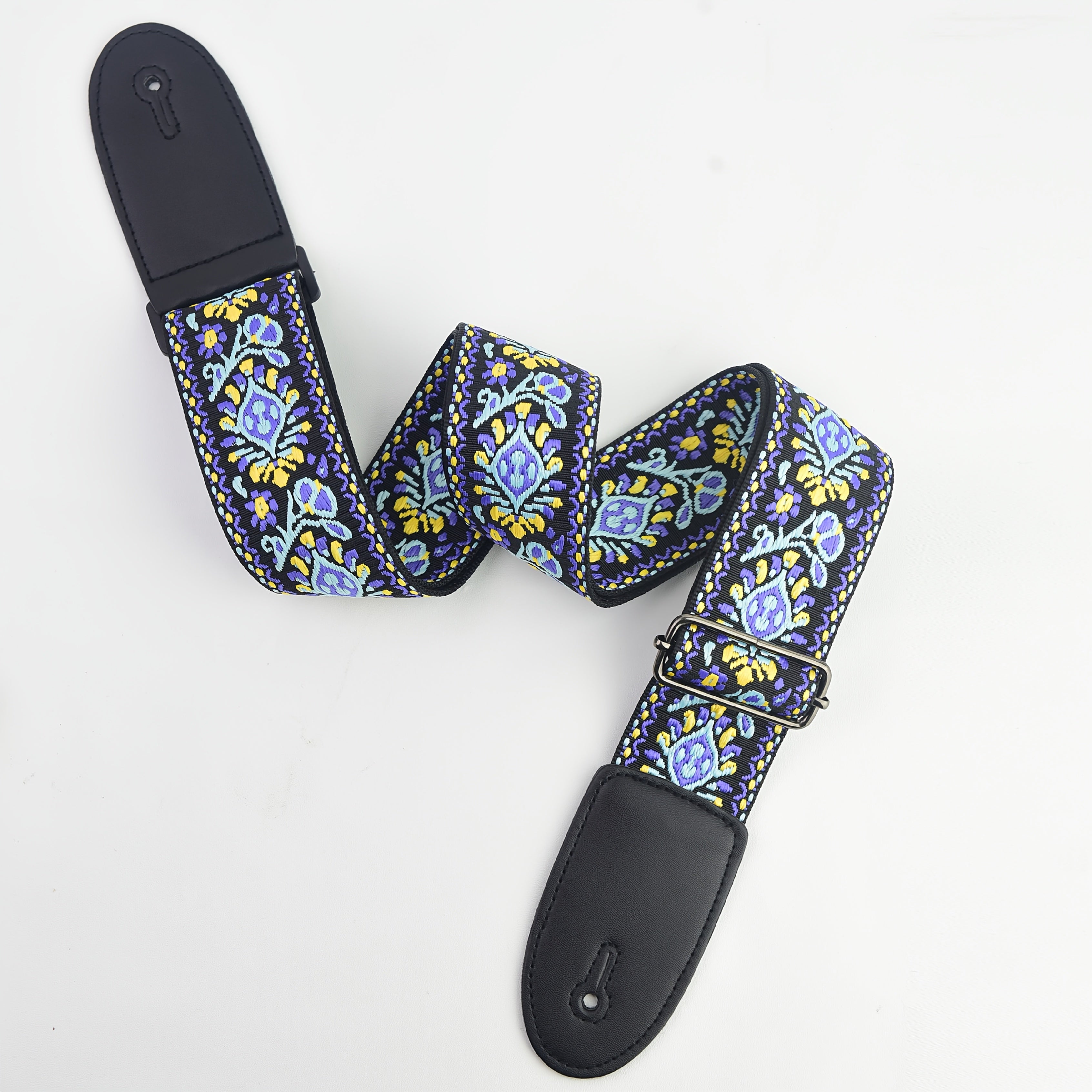 Correa de guitarra bordada con extremos de cuero sintético, diseño floral, ajustable en tela roja