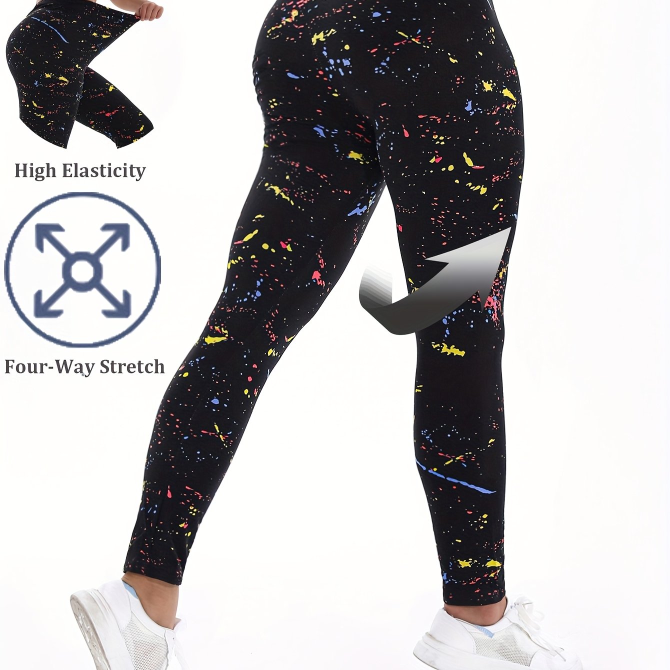 Plus Size High-Waisted Yoga Pants Black Graffiti Tie-Dye 4-Way Stretch Workout Leggings