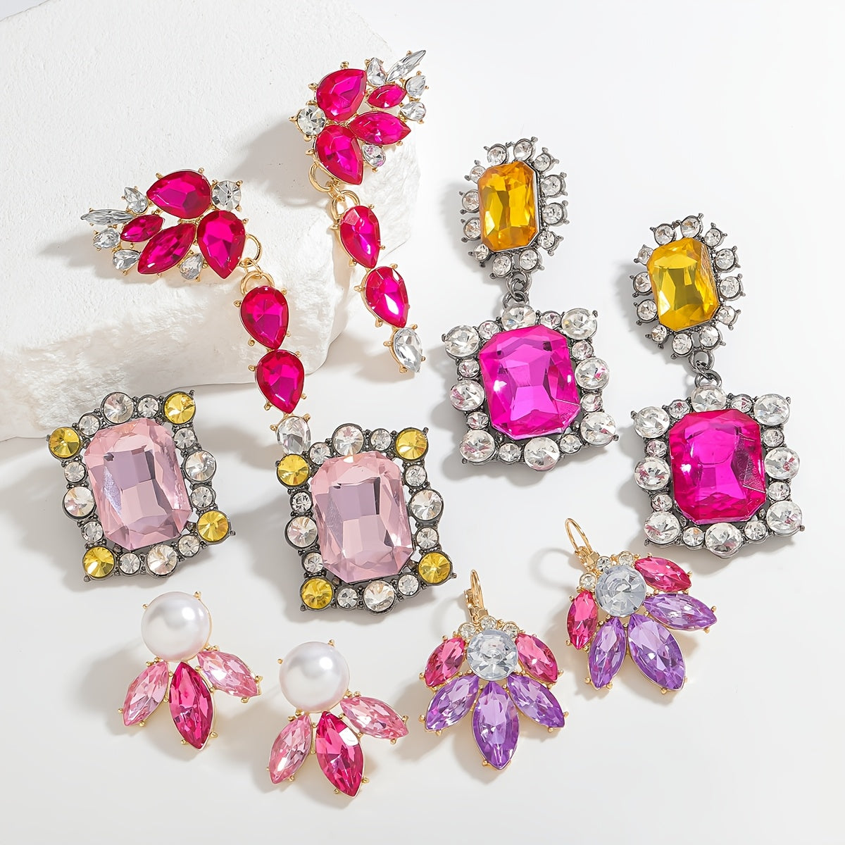 Pink Rhinestone Dangle Earrings Irregular Square Teardrop Alloy Stainless Steel Jewelry