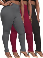 Plus Size Women's Solid Color Skinny Leggings 3 Pack High Waist Stretch