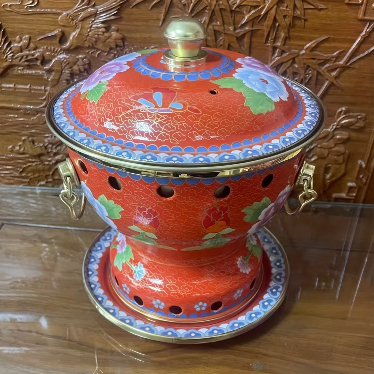 Yellow Floral Enamel Hot Pot with Brass Lining for Family or Individual Use