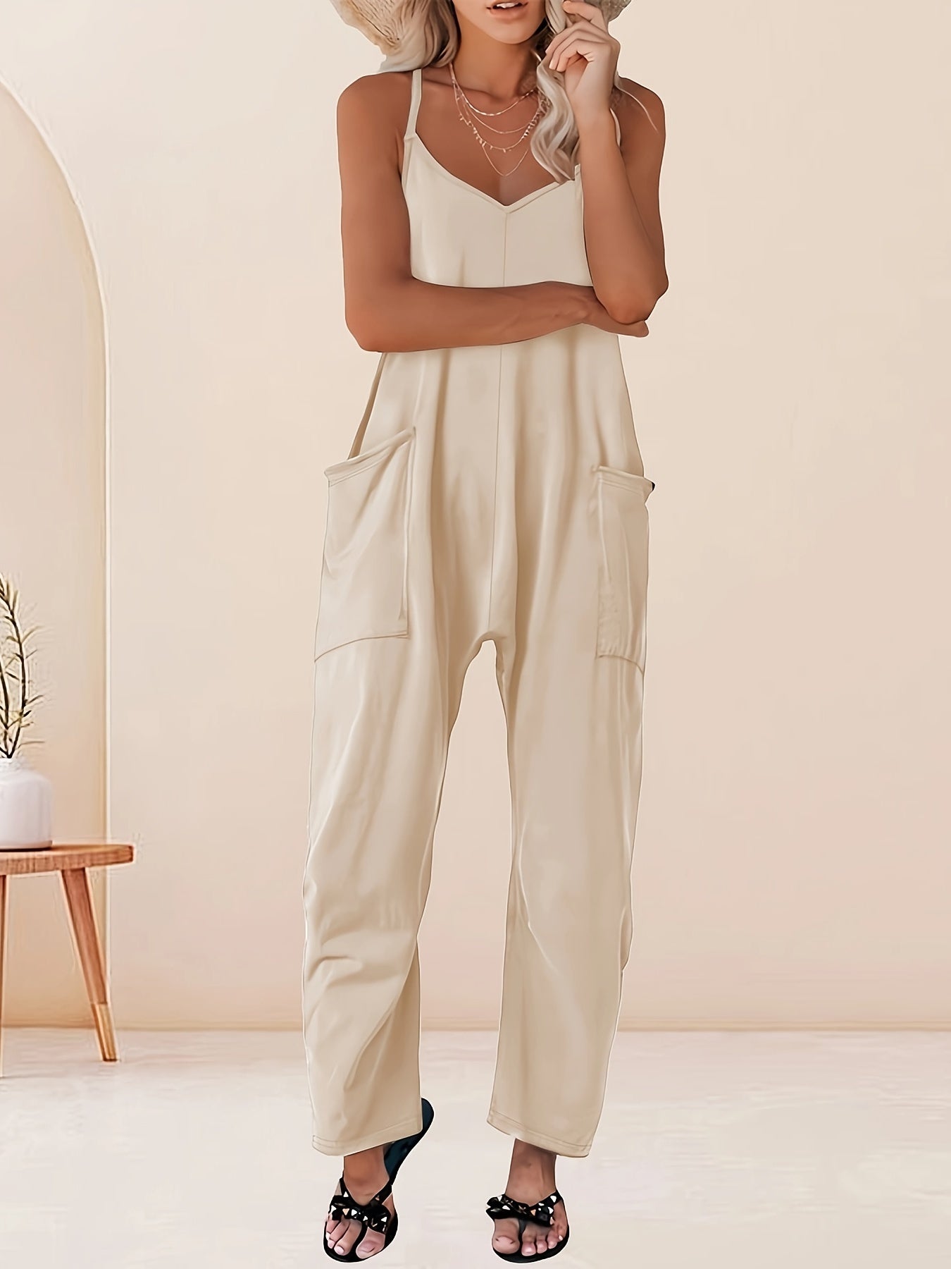 Mono sin mangas de talla grande con cuello en V y estilo casual para mujer