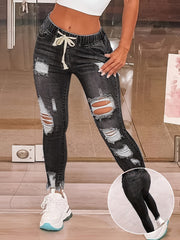 Plus Size Womens Bohemian Denim Pants with Elastic Waist Tight Fit