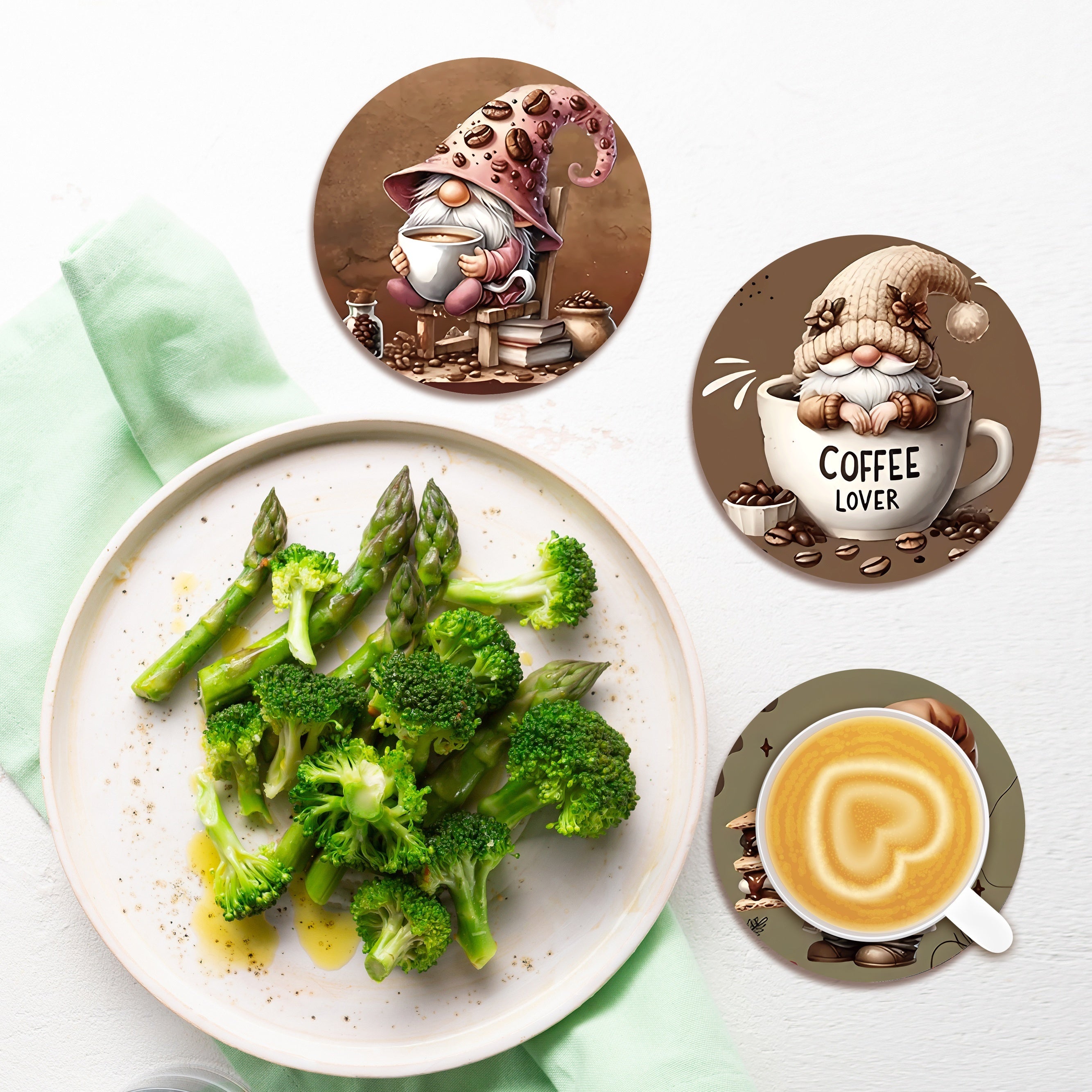 Juego de 8 posavasos de madera con gnomos y diseños coloridos para bebidas té café