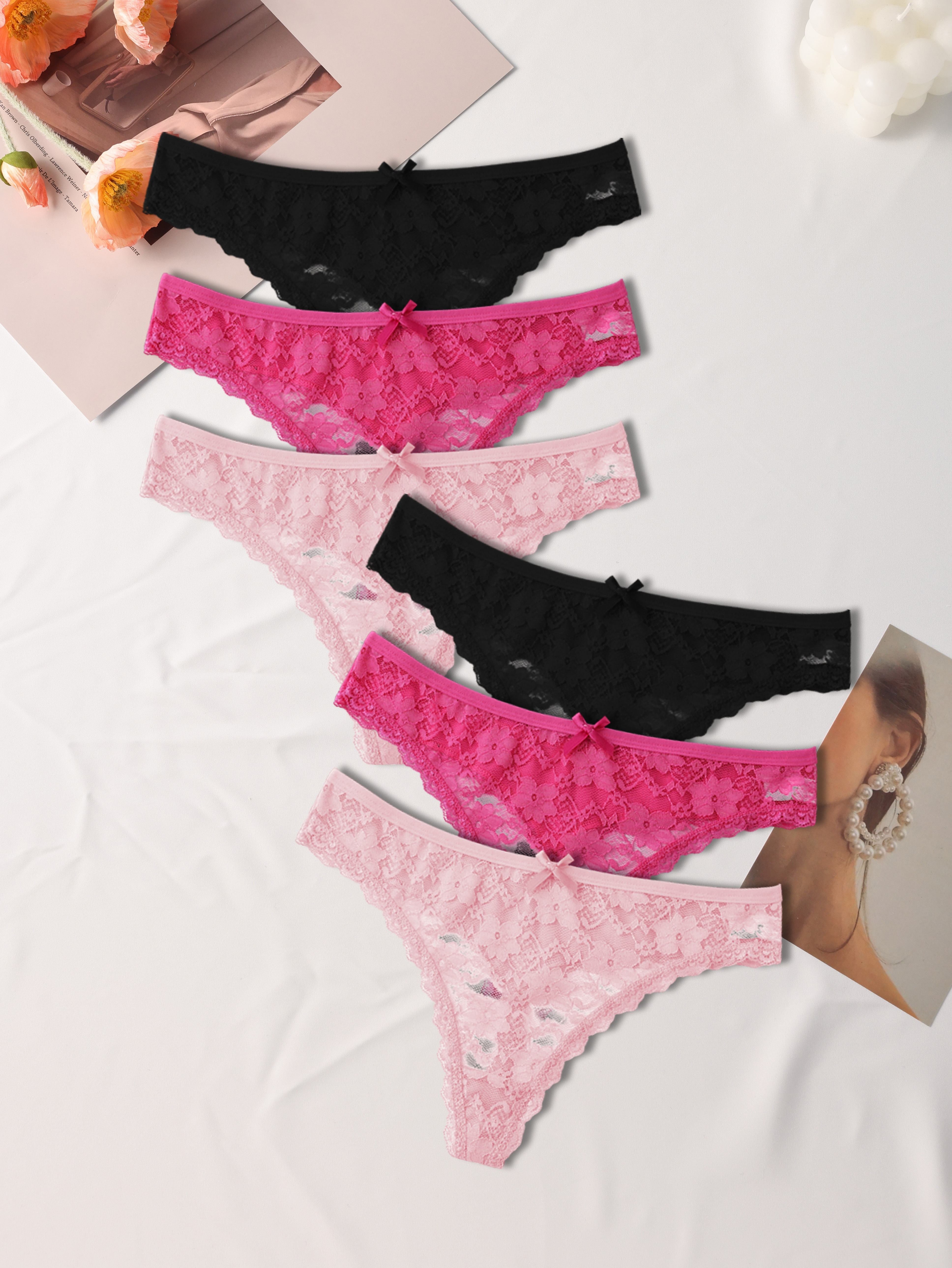 Women's Thongs 6-Pack Floral Lace Low-Rise Breathable Nylon Blend Black Pink White