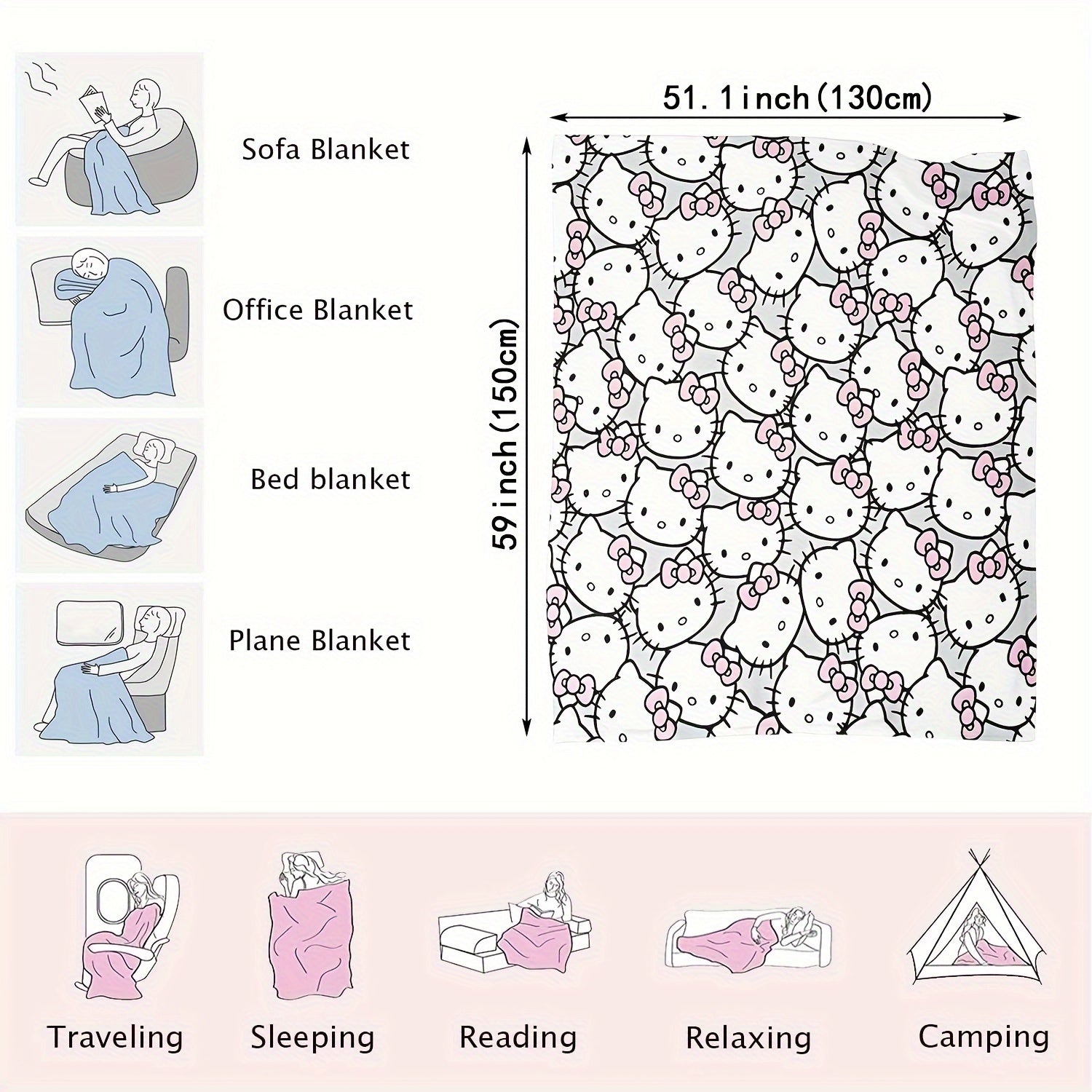 Hello Kitty Flannel Fleece Throw Blanket for Adults Soft Cozy All-Season