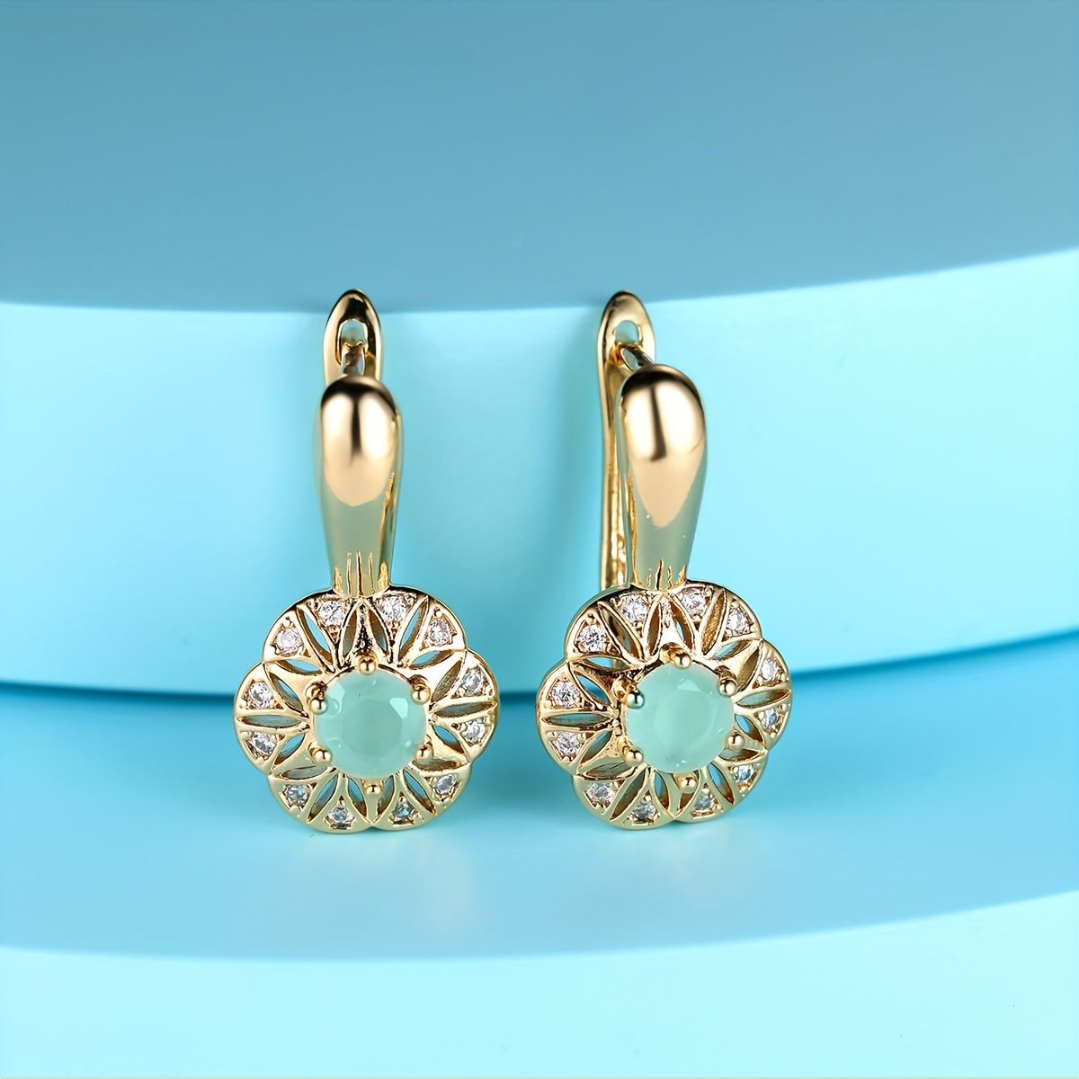 Golden Flower-Shaped Zirconia Leverback Earrings for Women Party Jewelry