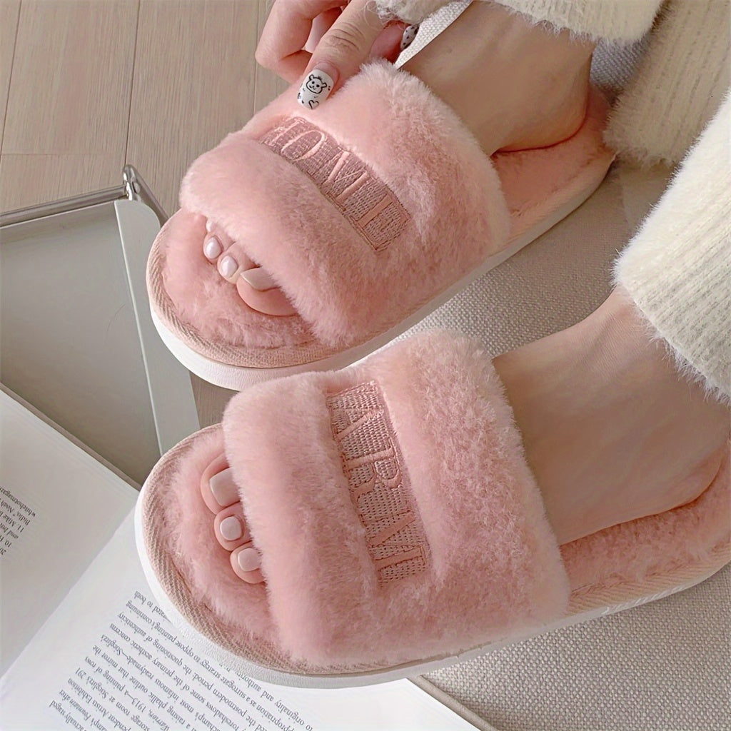Women's Faux Fur Open-Toe Slippers for Living Room and Bedroom Warm Anti-Slip