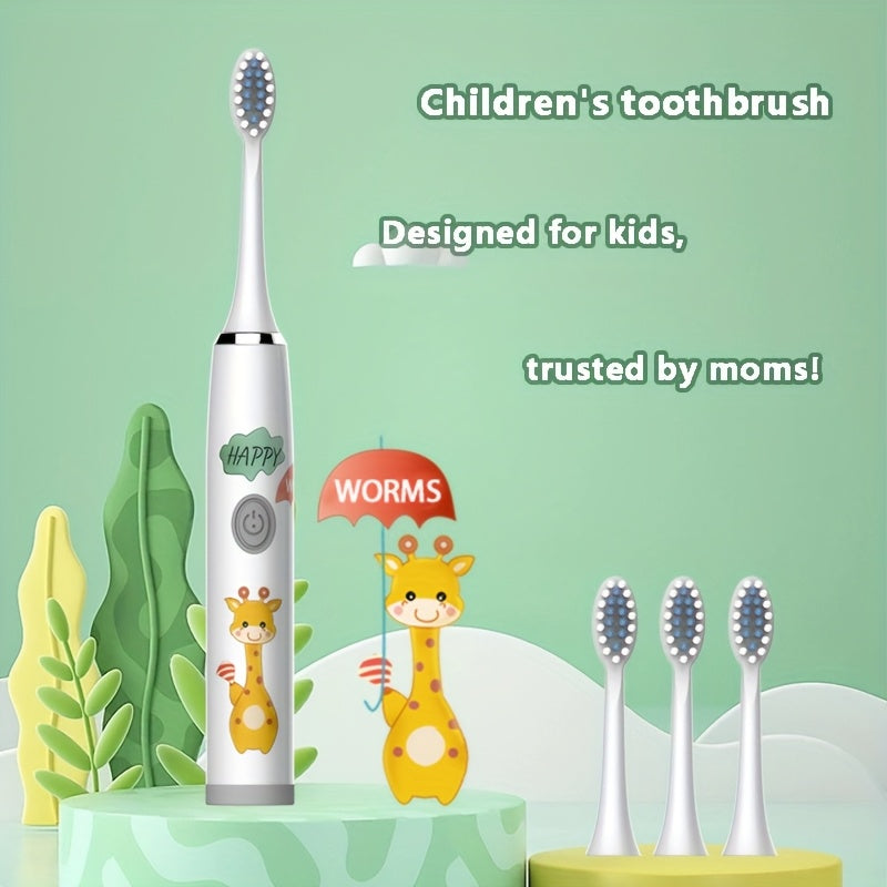 Kids Electric Toothbrush Blue White Giraffe Design Battery Powered for Ages 3-15