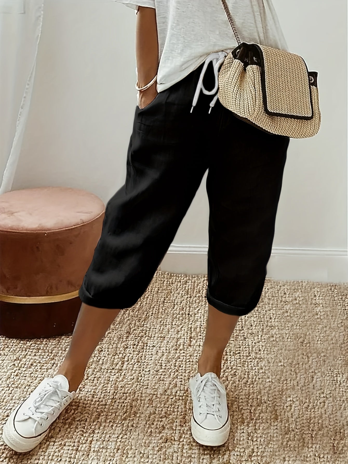 Капри для женщин больших размеров свободные с шнурком, повседневные, с эластичным поясом, летние