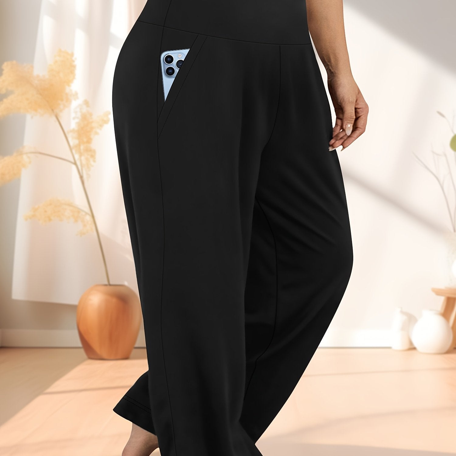 Pantalones de punto de talla grande de cintura alta y pierna ancha, casual, de poliéster, para todas las estaciones