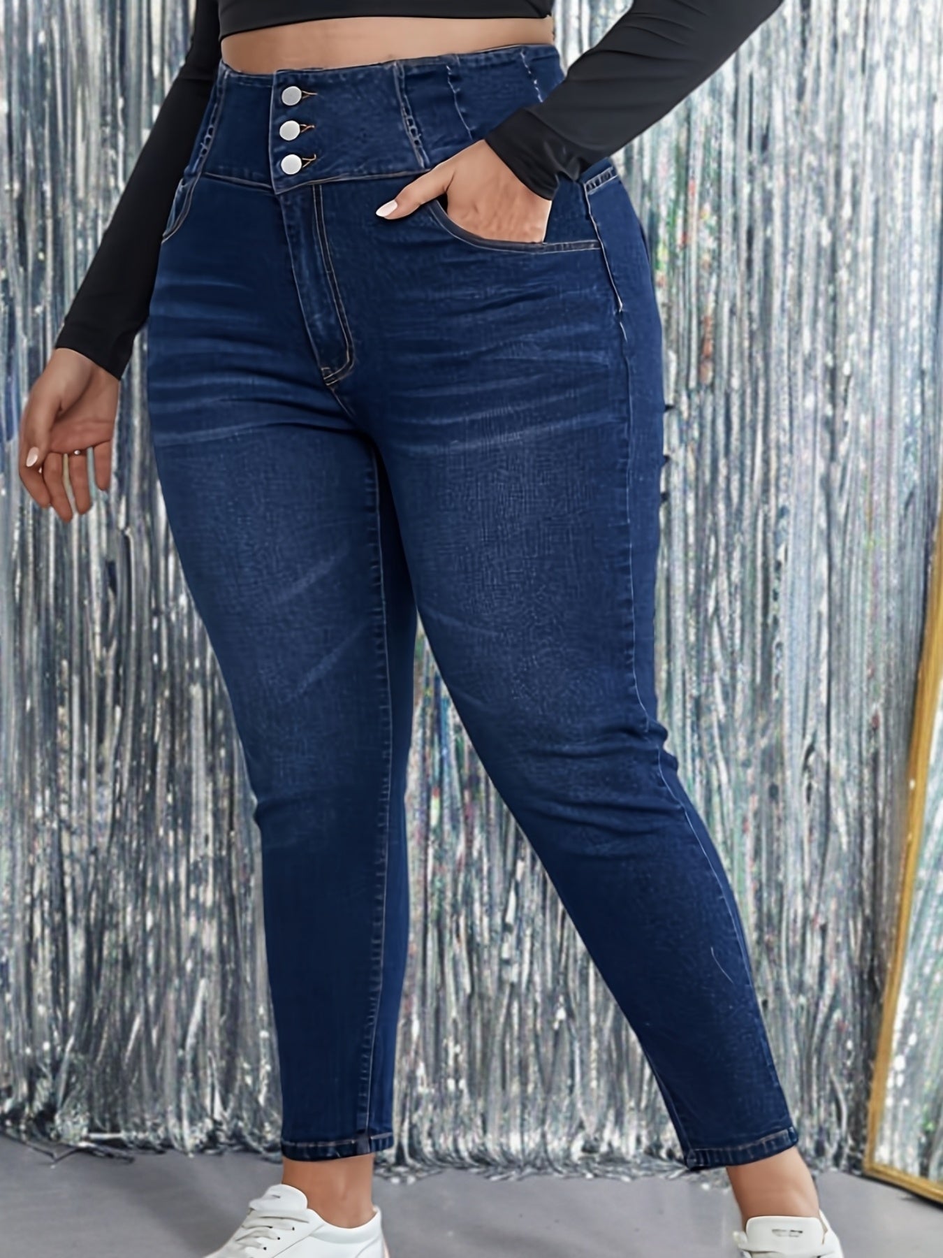 Ayollar uchun kattaroq o'lchamdagi flare jinsi, denim, rang-barang, elastik, qulay cho'ntaklar