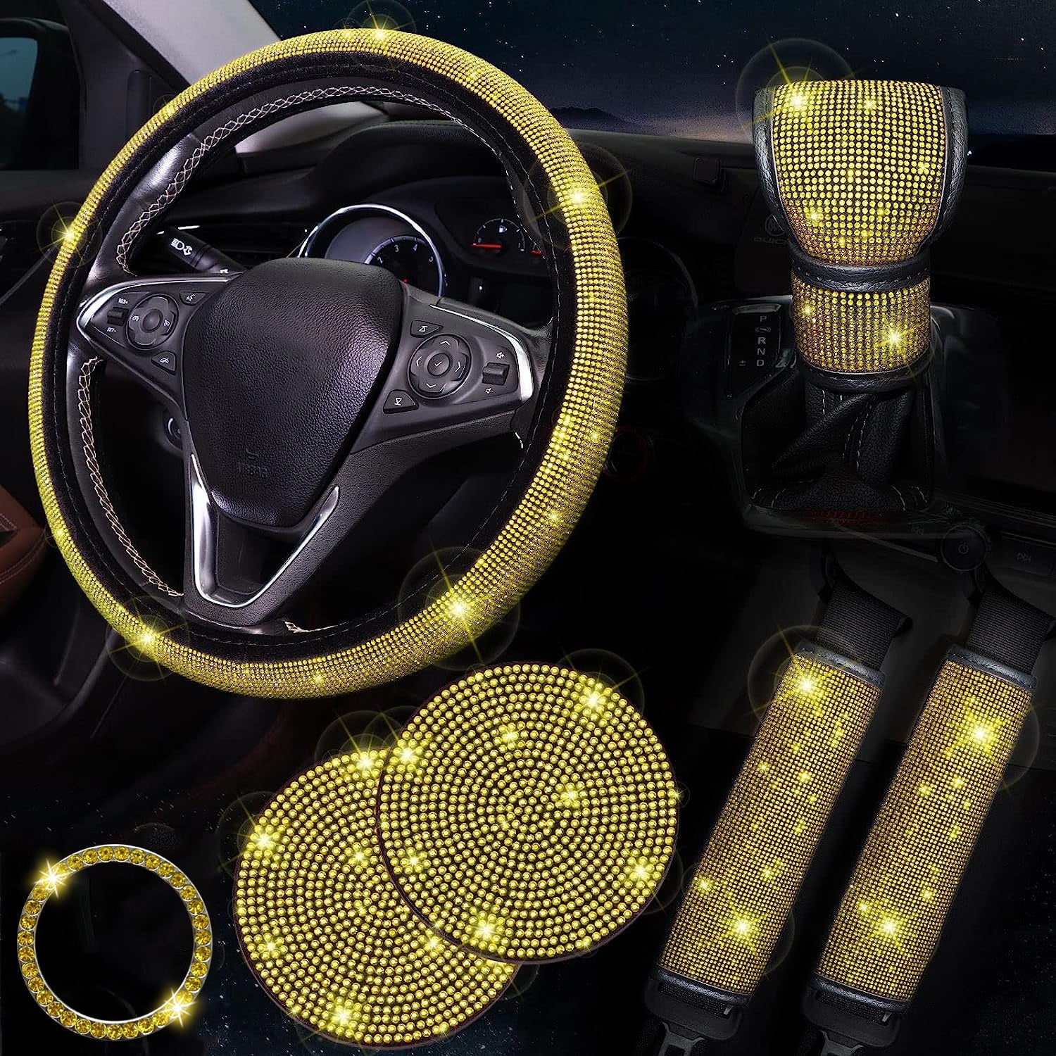 Juego de accesorios de coche con brillo para mujer: cubierta de volante, posavasos, protectores de cinturón, almohadillas para el hombro y cubierta de palanca de cambios