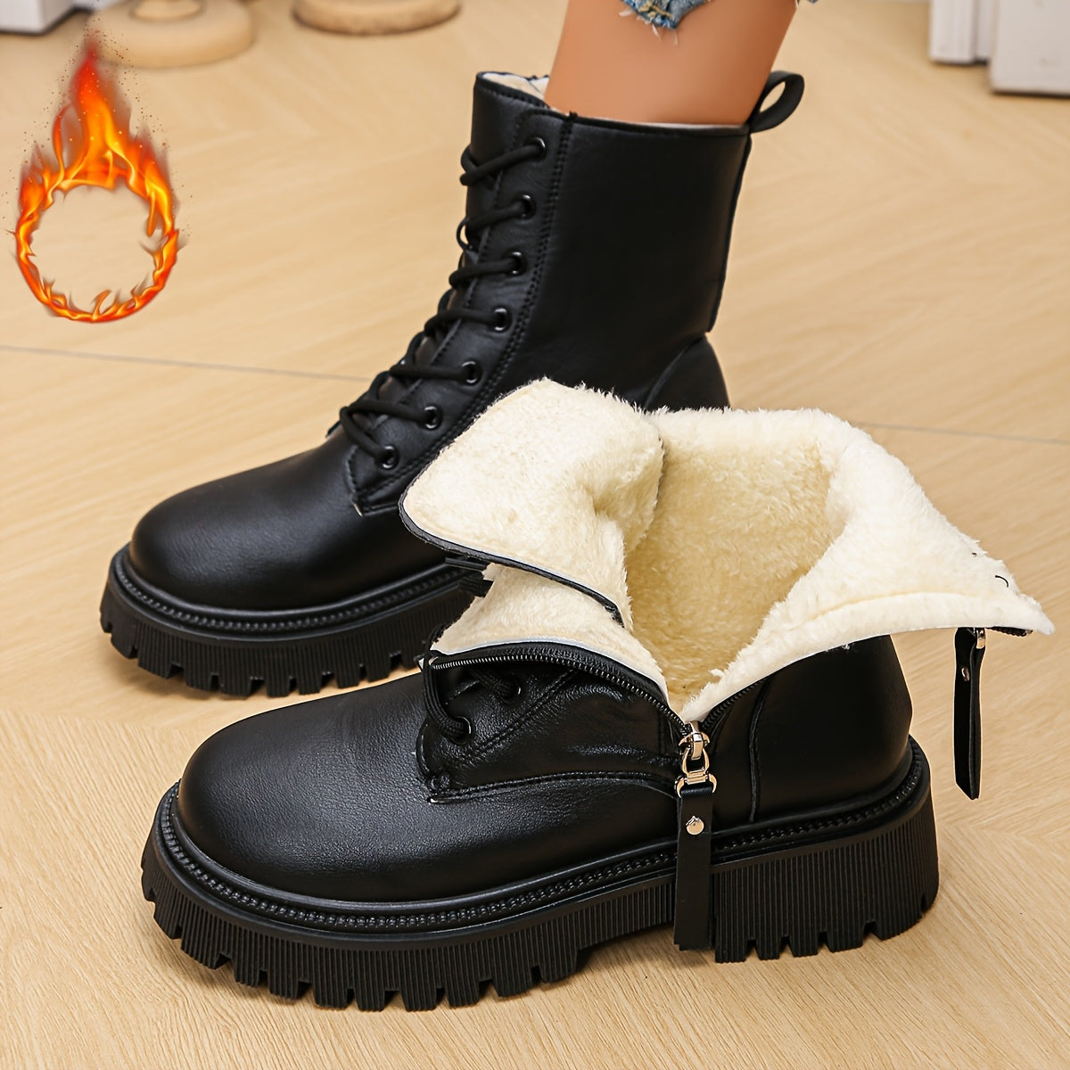 Women's Winter Boots Black White Side Zipper Ankle Slip-On Platform