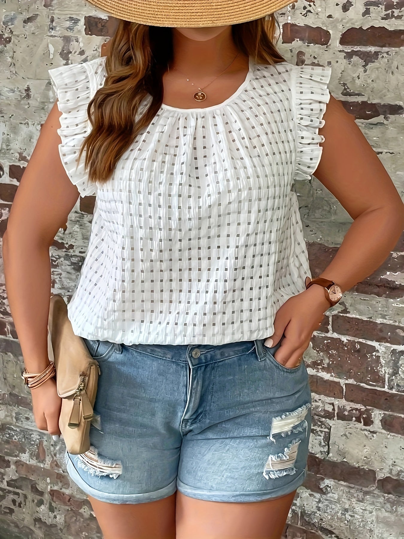 Plus Size Solid Cutout Crew Neck Blouse with Flutter Sleeves for Spring Summer