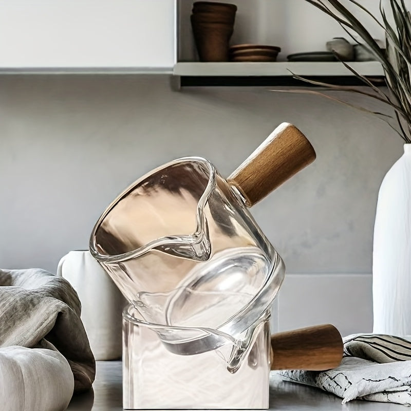 Yaratuvchi Shisha Sut Qozonchasi, Yog'och Tutqichi bilan, Qahva Ta'mini O'lchash uchun Isiga Qarshi O'lchov Stakan, Shisha Ziravor Qozonchasi, O'lchov Belgilari bilan, 1 Dona